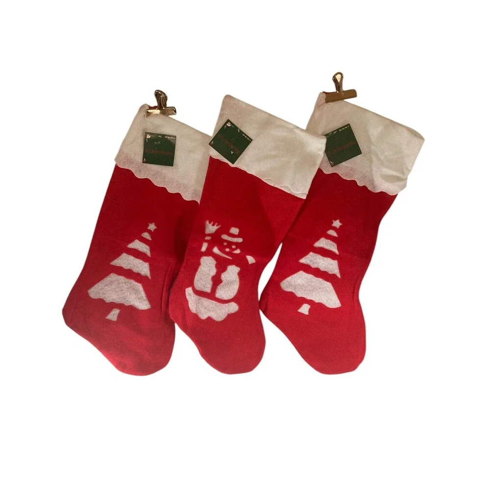 Vintage Large Red Felt Stockings 25.5” Set Of 3 Snowman Trees With Tags NOS